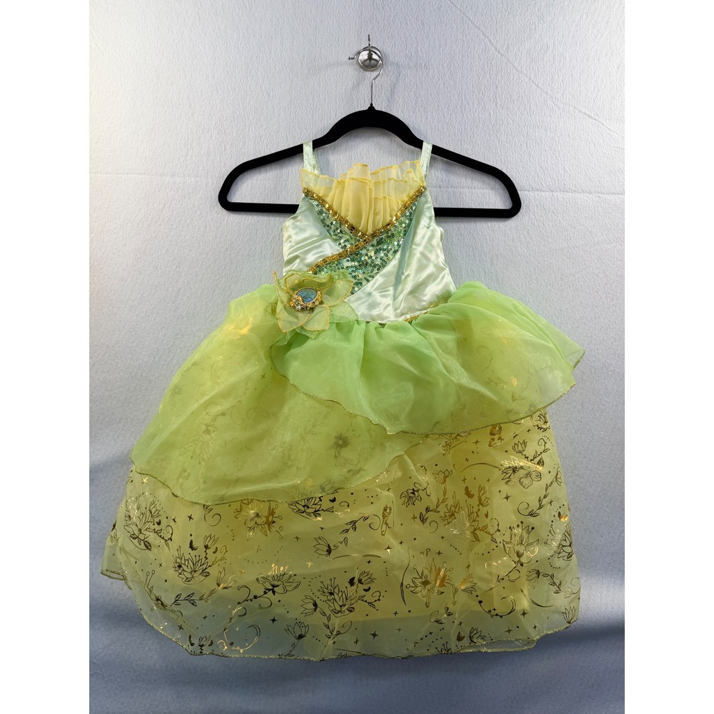 Disney Princess Tiana Costume Dress Girls Size 4 Green Gold Sequin Frog & Lotus